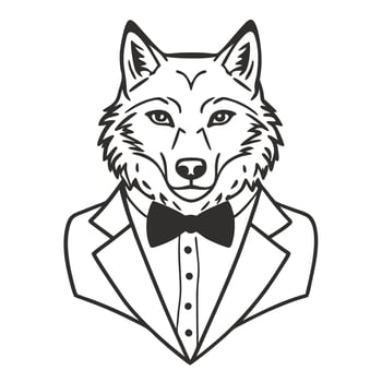 Wolf in a suit stylish wolf illustration in a tuxedo animal portrait with bow tie in modern line art vector