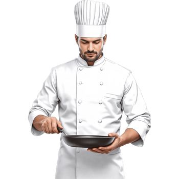 Chef in White Uniform Holding a Black Frying Pan png