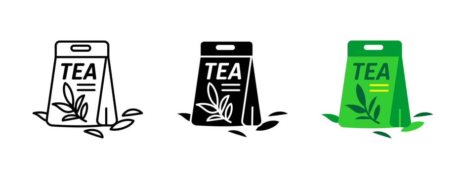Tea package icon. Herbal and organic tea bag with fresh leaves. Natural product symbol for black, green or flavored tea. Caffeine drink container pictogram for branding, tea shop or cafe. vector