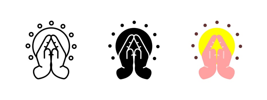 Meditation gesture icon. Prayer hands sign. Symbol of gratitude, spirituality and inner peace. Mindful energy and enlightenment pictogram. Used for yoga, healing, faith and sacred rituals. vector