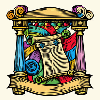 Vintage scroll with colorful swirls in ornate classical frame, retro art, decorative illustration, vibrant design vector