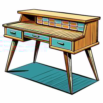Retro Wooden Desk with Drawers and Shelves Vintage Mid Century Modern Furniture vector