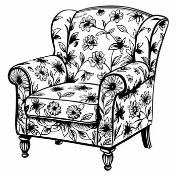 Hand Drawn Floral Pattern Armchair Elegant Black and White Illustration vector