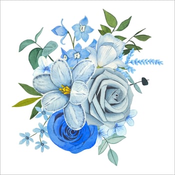 Watercolor floral bouquet. Roses with blue flowers and leaves. Watercolor vector