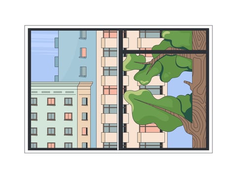 Cityscape view through window 2D cartoon object. Residential neighborhood. Urban city with modern buildings and tree windowpane isolated element flat clip art on white. Spot illustration vector