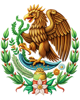 cinco de mayo mexican Eagle Emblem, The iconic national emblem of Mexico, showcasing a golden eagle perched atop a cactus with a serpent in its beak, surrounded by floral elements png
