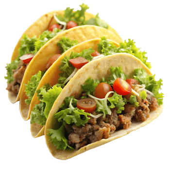 Tacos filled with meat, cheese, lettuce on white background png