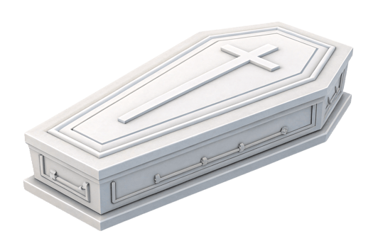 A white coffin with raised designs, a cross engraved on the lid, and smooth edges, presenting a traditional and solemn appearance png