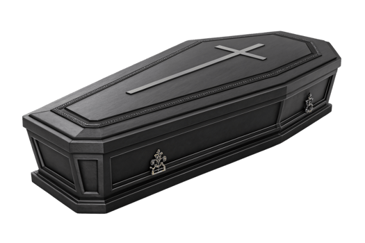 A sleek black coffin with a cross emblem and metallic embellishments, featuring beveled edges and polished details for a dignified appearance png