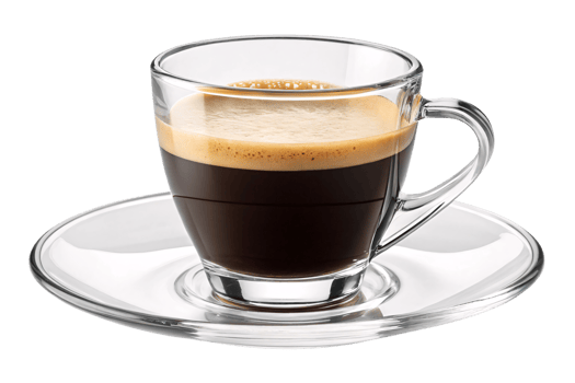 A crystal-clear glass cup on a saucer holds rich espresso topped with golden crema, highlighting coffee's depth and allure png
