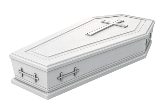 A classic white coffin featuring a raised cross on the lid, with intricate silver handles and decorative cross designs along the sides png