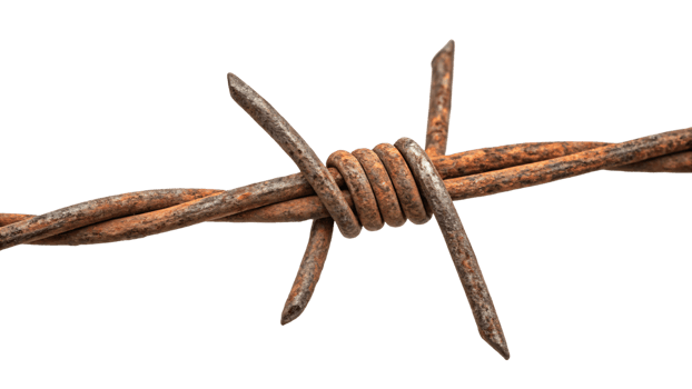 A detailed view of rusted barbed wire, showcasing its sharp spines and oxidized surface, reflecting weathered resilience and a sense of aged industrialism png
