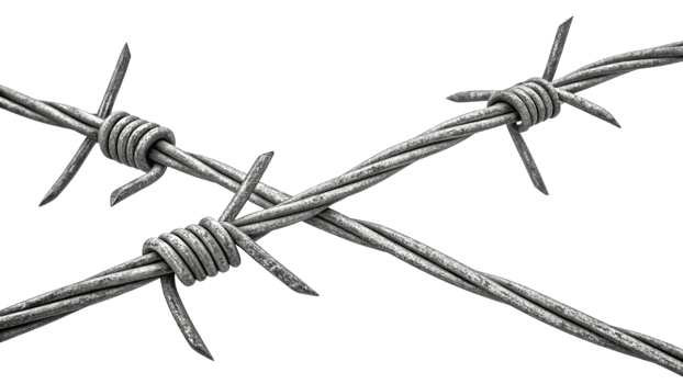 Two intersecting strands of barbed wire, their metallic sheen highlighting sharp spines and coiled knots, symbolizing division or security with an industrial aesthetic png