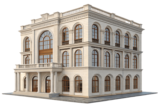 A grand white neoclassical building featuring tall arched windows, ornate cornices, and balconies with iron railings, emphasizing historical and architectural richness png