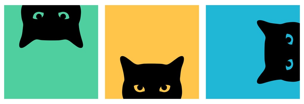 Peeking black cats with different eye colors set. Curious cats looking out. Cute black cat face vector