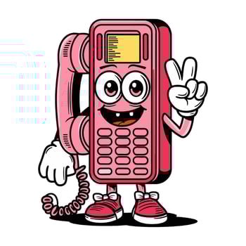 Retro character that resembles a cheerful phone with arms making a peace sign, bright colors cartoon style vector