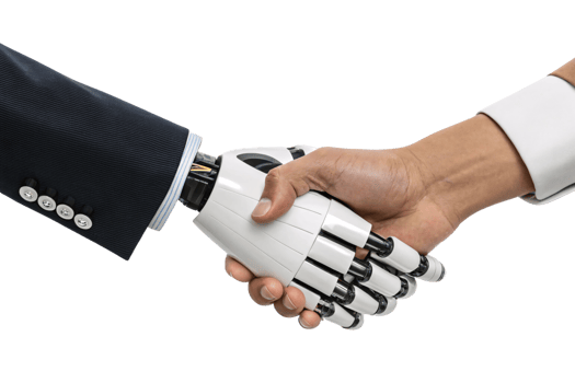 A human hand shakes a robotic hand wearing a business suit, emphasizing technological integration in professional environments png