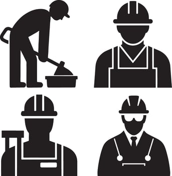 Four black silhouette figures of construction workers in various poses. vector
