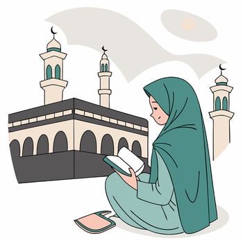 Islamic woman reading quran in front of mosque vector
