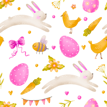Easter background with bunnies, eggs, carrot, bee, bow. Hand drawn springtime april holidays pattern png