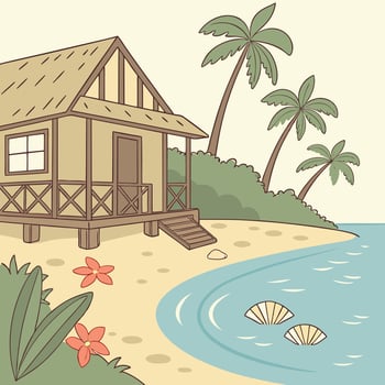 Cartoon bungalow on beach with palm trees vector