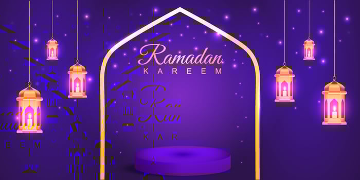 Celebrate Ramadan Kareem with this elegant Islamic background design Featuring a glowing golden arch Ideal for Ramadan social media posts, banners, greeting cards, invitations, promotional materials. vector