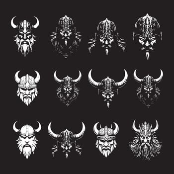 Set of Viking Warrior Illustrations Featuring Horned Helmets, Bearded Faces, and Norse Mythology-Inspired Designs in Black and White vector