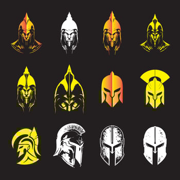 Spartan Warrior Helmet Logo Set, Ancient Greek Gladiator Emblems, Bold Military and Tactical Illustrations, Historical Battle Symbols for Branding and Gaming vector