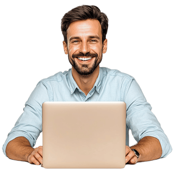 Smiling man working on a laptop a cheerful expression png