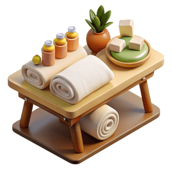 dramatic abstract Spa Massage Table with Towels and Oils Flat Lay detailed png