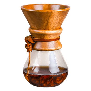 Elegant Wooden Coffee Brewer with Rich Brown Brewed Coffee Inside png