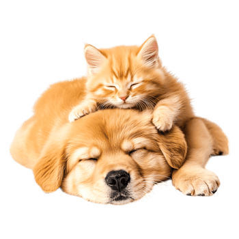 Cute Golden Retriever Puppy Sleeping with Adorable Orange Kitten on Top png