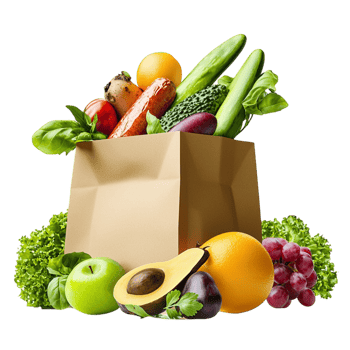 Brown paper bag filled vegetables fruits png