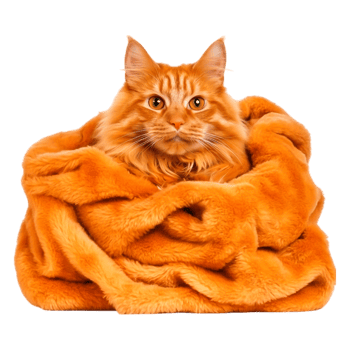 Majestic Ginger Cat Surrounded by Plush Orange Blanket in Soft Lighting png