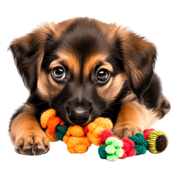 Cute and Playful Puppy Chewing on Colorful Toy in Bright Focused Shot png
