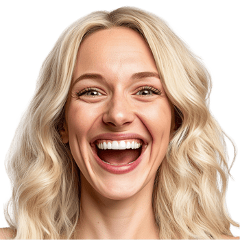 Happy blonde woman eyes a wide joyful smile png