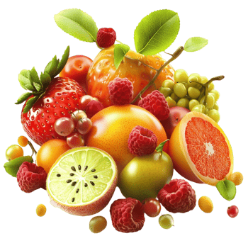 Colorful assortment of fruits including strawberries citrus slices png