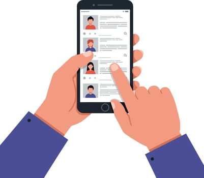 Hands holding a smartphone displaying profile listings in a flat design illustration vector