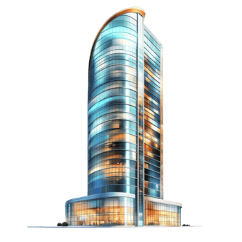 Tall glass skyscraper reflecting the city skyline png