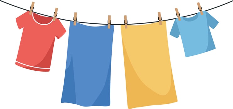 Colorful shirts and towels hanging on a clothesline in a flat illustration vector