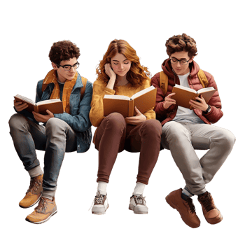 Three young students sitting together while reading books png