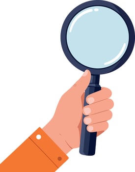 Hand holding a magnifying glass in a flat design style illustration vector