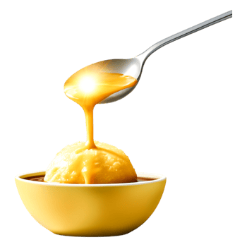 Creamy Dessert with Golden Syrup Drizzled on Top in a Yellow Bowl png