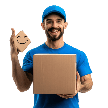 Happy delivery man wearing a blue uniform holding a cardboard box png