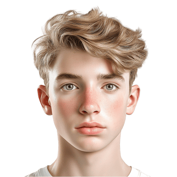 Young man wavy blonde hair striking blue eyes looking confident png