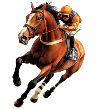 Professional jockey riding a powerful brown racehorse at full speed png