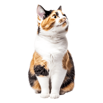 Adorable Calico Cat Sitting Elegantly with Expressive Eyes and Fluffy Fur png