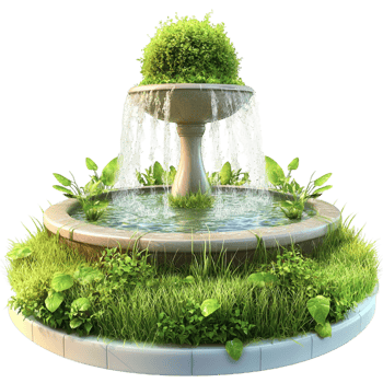 Beautiful tiered fountain covered in lush green plants moss png