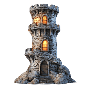 Mystical Stone Tower with Glowing Windows png