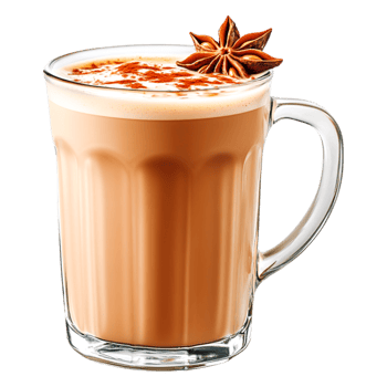 Creamy spiced beverage with cinnamnd star anise in a clear glass mug png